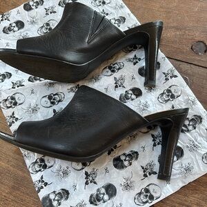 Franco Sarto Black Leather Mules with Open Toe Design - 4” heel